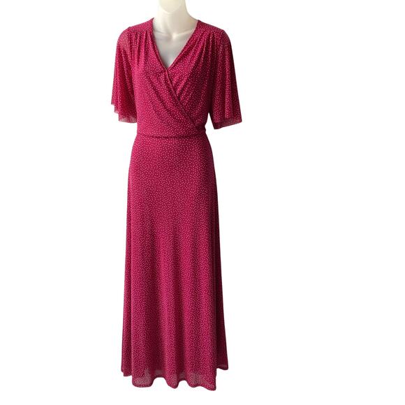 Harlow & Rose Polka Dot Chiffon Maxi Dress Women L Pink Bell Sleeve Old Money - Picture 1 of 10